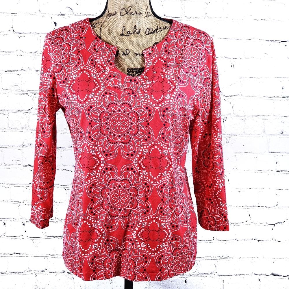 Ruby Road 3/4 sleeve red knit top rhineston detail